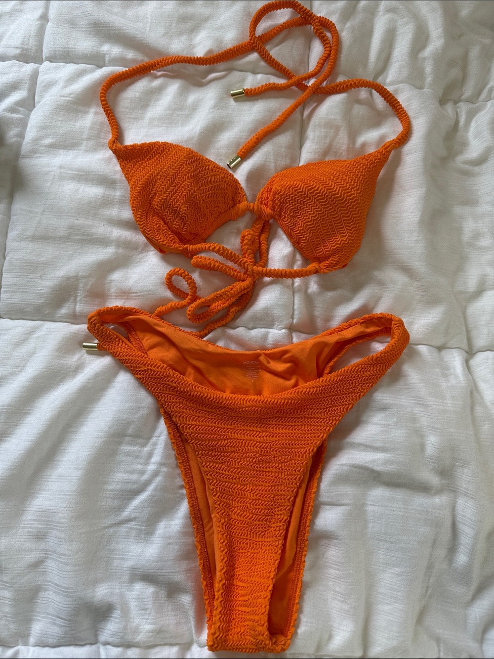 Monday Swimwear Palma Top & Tamarama bottom set in Tangerine Crinkle - Picture 2 of 5